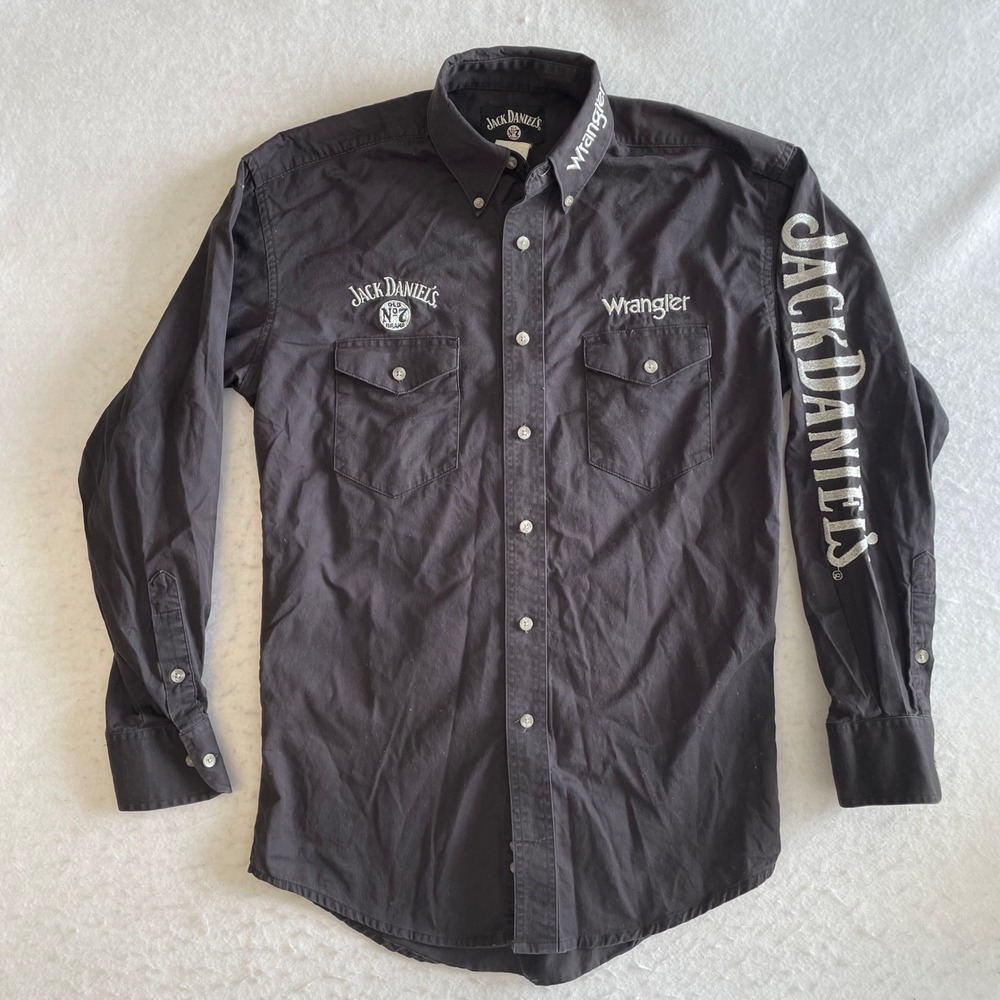Wrangler Jack Daniels Western Shirt M Black Long Sleeve Embroidered Button Up
